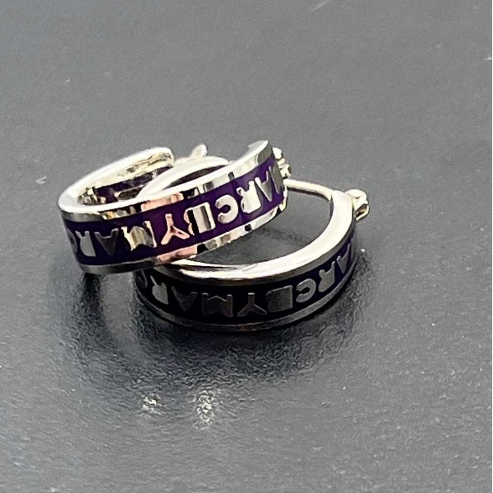 Marc by Marc Jacobs Logo Purple Enamel Silver Tone Small Hoop Earrings